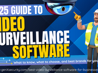 Guide banner for 2025 video surveillance software. Features a security system installer technician pointing, a camera illustration, and links. Blue and yellow theme. GenX Security