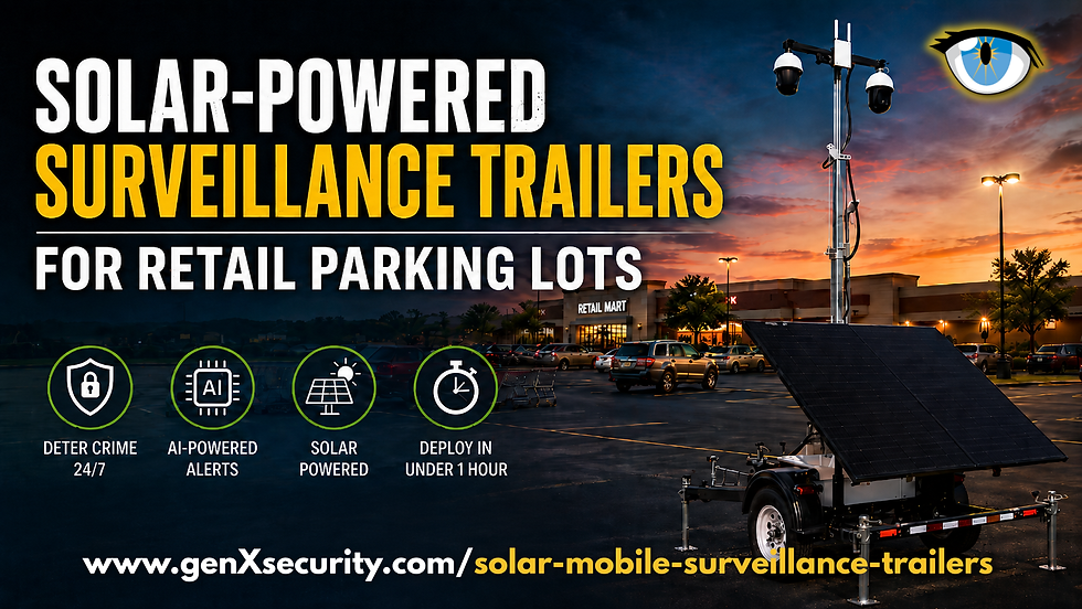 Solar-powered surveillance trailers in a retail parking lot at dusk, with camera mast, solar panel, and feature icons. GenX Security Solutions mobile surveillance trailers South Carolina, North Carolina, Georgia.
