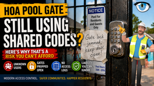 Pool gate warning graphic with keypad lock, worker pointing, and signs: shared codes risk, gate lock jammed, keep door open. GenX Security Solutions pool gate security