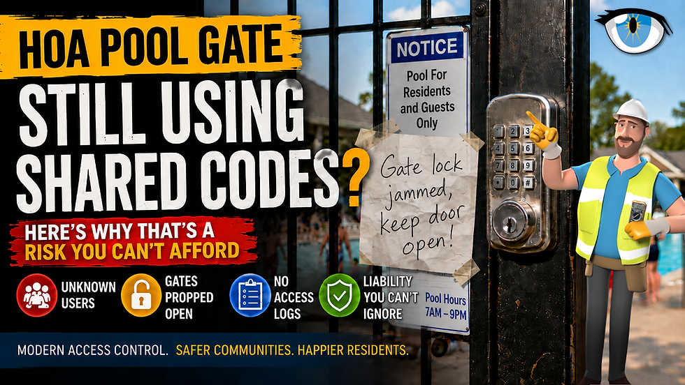 Pool gate warning graphic with keypad lock, worker pointing, and signs: shared codes risk, gate lock jammed, keep door open. GenX Security Solutions pool gate security