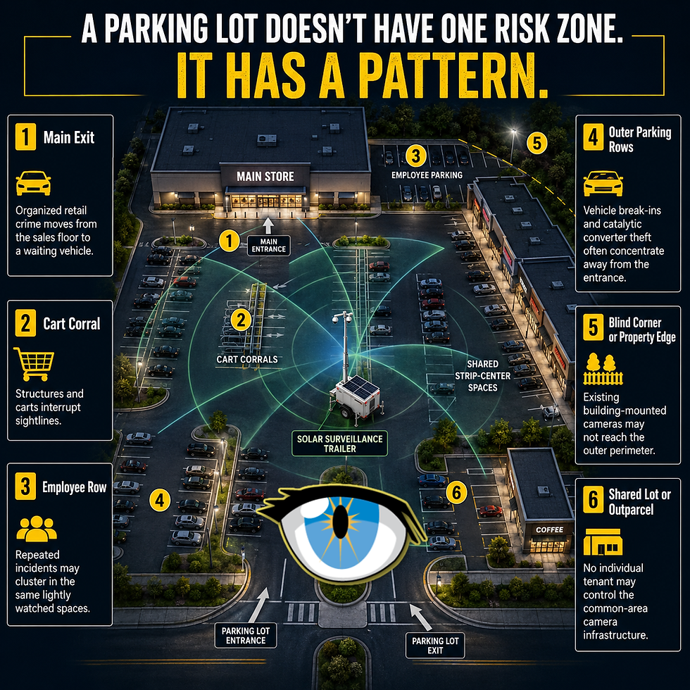 Infographic of a shopping-center parking lot with camera risk zones and labels; bold text says a parking lot has a pattern.