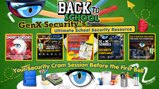 Back to School GenX Security poster collage with eye logo, security tips, school supplies, backpacks, and bold yellow text.