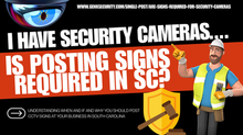 GenX Security technician mascot points to bold text about legal security sign requirements in SC. Camera illustration and website link visible. www.genxsecurity.com