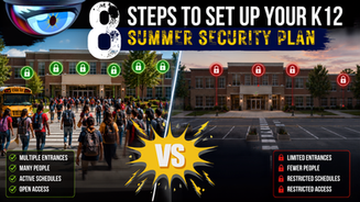 Infographic comparing open summer school and locked-down campus, titled 8 Steps to Set Up Your K12 Summer Security Plan.
