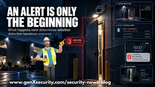 GenX Security Solutions commercial security graphic showing an after-hours door alert, surveillance camera detection, access control event, mobile notification, and live monitoring response at a commercial facility.