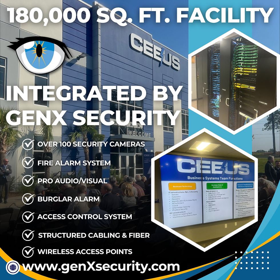 180,000 sq. ft. facility with CEEUS signage, security systems list, and website. Integrated by GenX Security. Bold text, tech visuals.