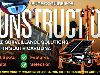 Surveillance guide for South Carolina construction. Large text, eye graphic, solar camera, workers, cranes, orange sunset.