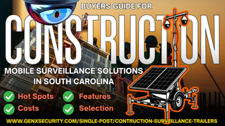 Surveillance guide for South Carolina construction. Large text, eye graphic, solar camera, workers, cranes, orange sunset.