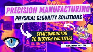 Purple and orange collage with tech images and drill. Text: "Precision Manufacturing: Physical Security Solutions," "Semiconductor to Biotech Facilities," "Blog Post," "www.genxsecurity.com."