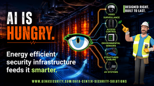 Data Center energy - AI IS HUNGRY, with server racks, eye graphic, and worker pointing; labels for surveillance, sensors, cabling. GenX Security Solutions
