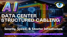 AI-themed data center with colorful cables and server racks, neon "AI" text. Words: Data Center Structured Cabling, Security, Speed.