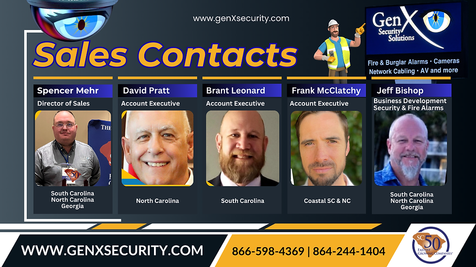 Sales contacts display for GenX Security Solutions with five people shown, their roles, service areas, and contact info. Dominant colors: blue, yellow.