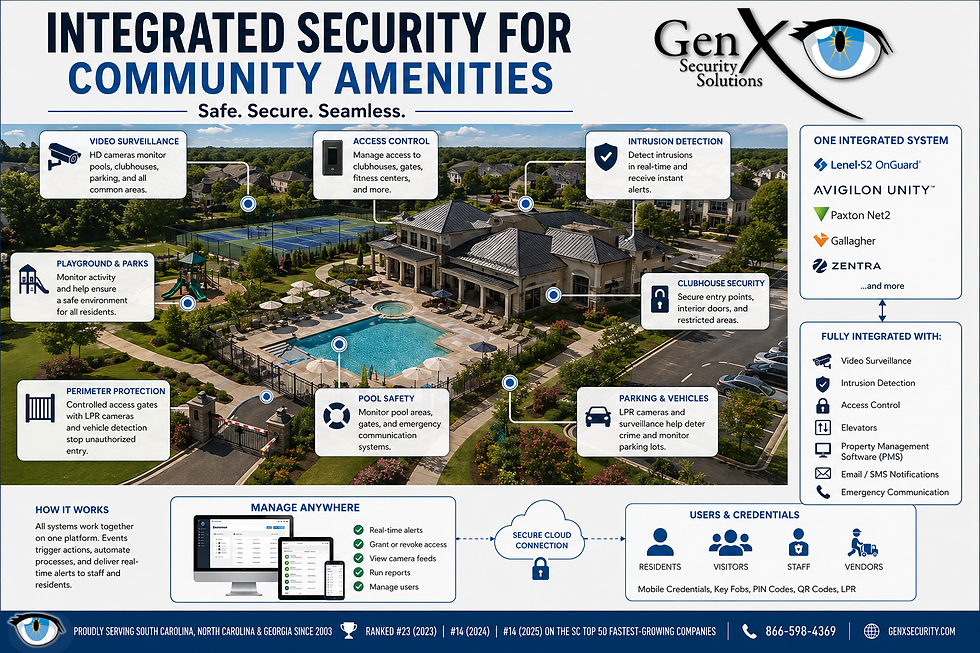 Infographic for GenX Security Solutions. Features include video surveillance, access control, and intrusion detection. Colorful community backdrop.