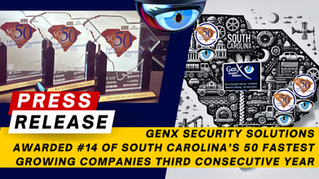 Trophies labeled SC 50 Fastest Growing Companies. Text: "Press Release. GenX Security Solutions #14 in SC's fastest growing companies third year."