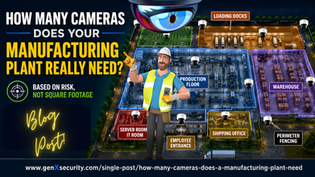 Infographic of a manufacturing plant map with multiple security cameras and labeled zones like warehouse and loading docks from GenX Security Solutions