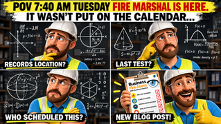 GenX Security Solutions fire alarm readiness meme showing a surprised facility manager preparing for a fire marshal inspection, checking fire alarm records, last test dates, and the 2026 Business Fire Alarm Readiness Checklist for commercial facilities in South Carolina, North Carolina, and Georgia.