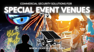 Outdoor event with smiling people, fireworks, and a security camera. Text: Special Event Venues, Blog Post. Vibrant, festive mood. Blog post. Website: www.genxsecurity.com