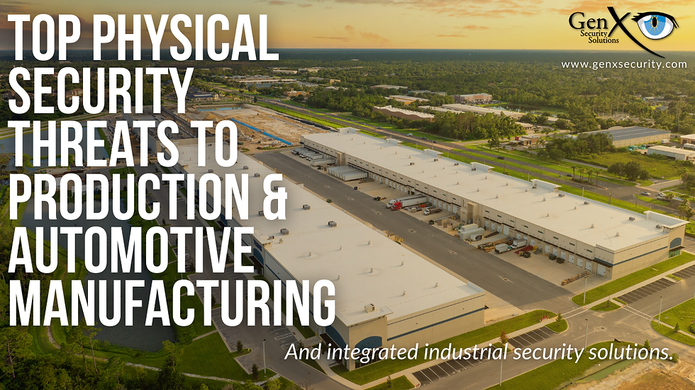 Arial view of a large industrial complex with text: "Top Physical Security Threats to Production & Automotive Manufacturing" and GenX Security logo.