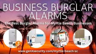 Business Burglar Alarms promo over sunset with palm trees. Shows alarm systems, devices. Text: Best alarms for Myrtle Beach. Website link: www.genxsecurity.com/myrtle-beach-sc