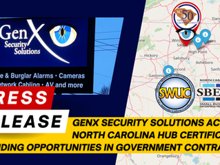 GenX Security Solutions announces NC HUB certification with a map, logos, and text: "Expanding opportunities in government contracting."