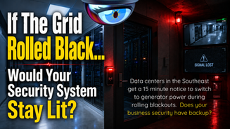 Commercial security system during rolling blackout with access control door, camera outage, and backup power risk for businesses in SC, NC, and GA. GenX Security Solutions