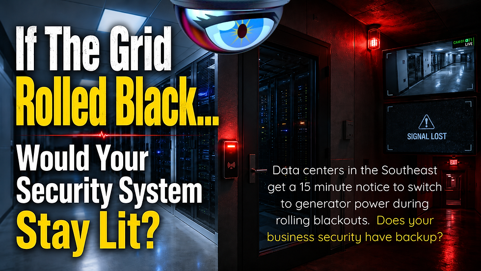 Commercial security system during rolling blackout with access control door, camera outage, and backup power risk for businesses in SC, NC, and GA. GenX Security Solutions