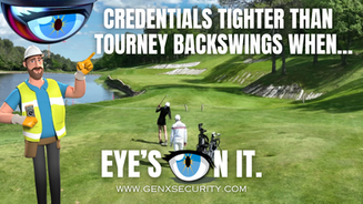 Golf tournament backswing at a golf course. GenX Security with eye logo.