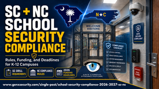 South Carolina and North Carolina K-12 school security compliance graphic featuring a secure school entrance, surveillance camera, access control reader, emergency alarm, compliance checklist, state maps, drill requirements, security rules, and 2026 funding deadlines.