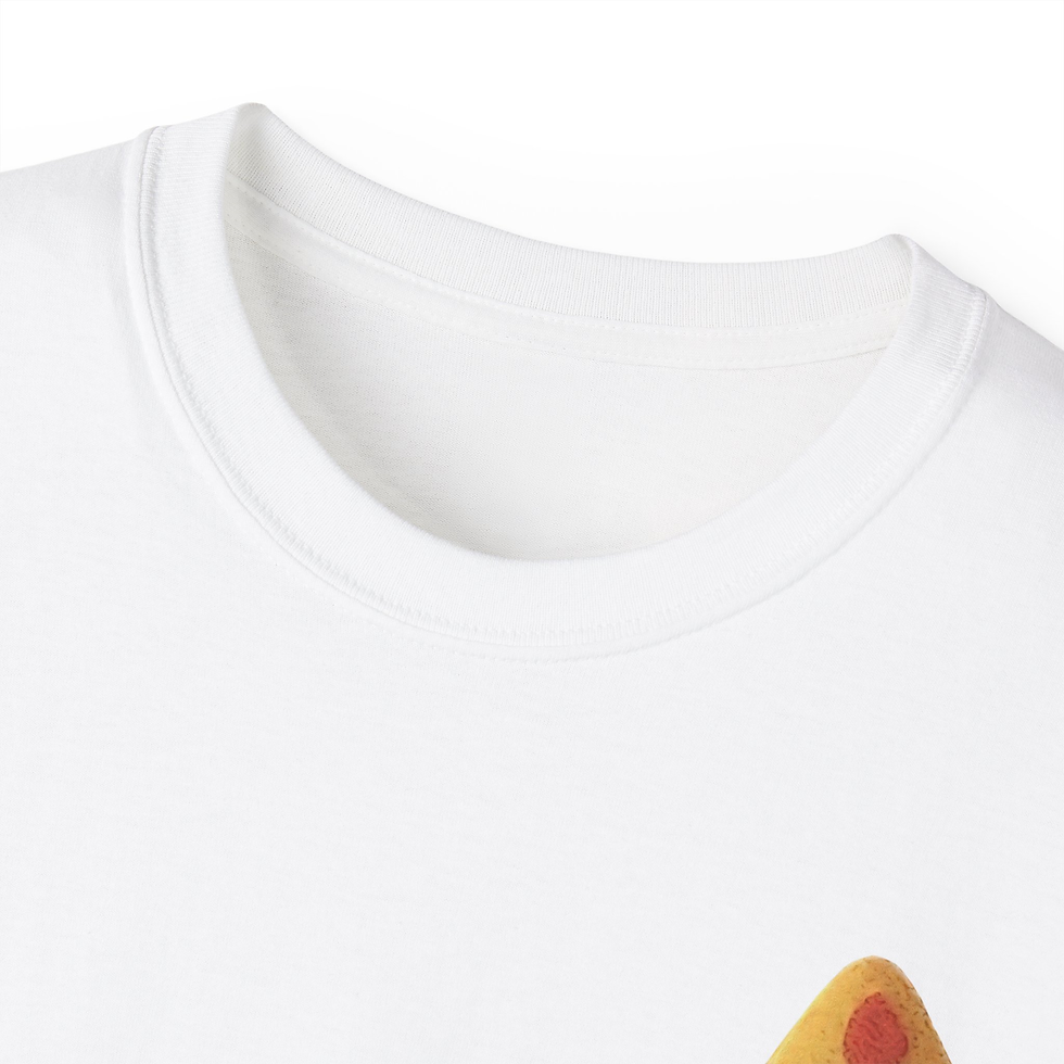 Thumbnail: White t-shirt neckline. PIZZAM Pizza Print White Unisex Cotton T-Shirt.