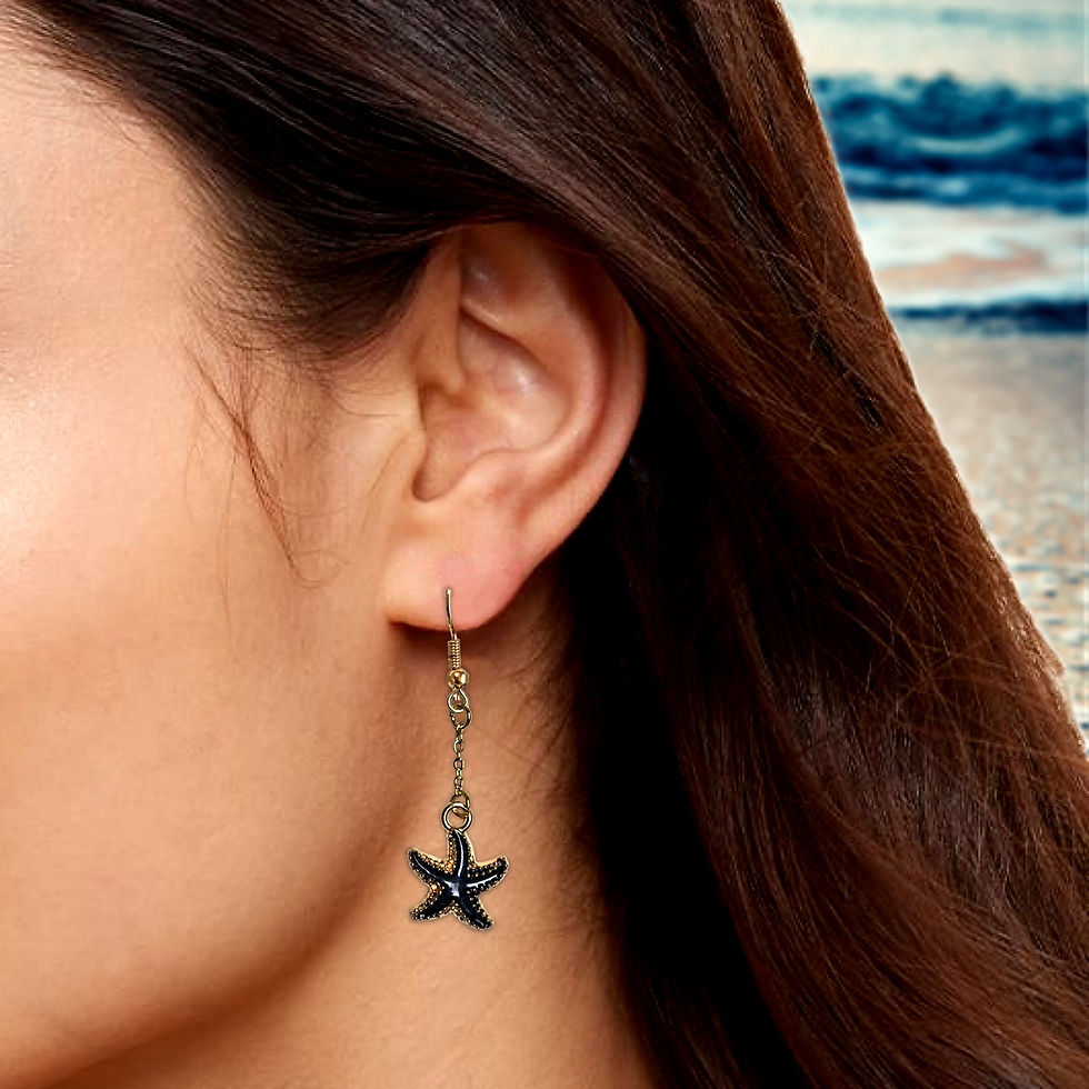 Thumbnail: Woman wearing starfish earrings, ocean background, KCM Gifts4You.