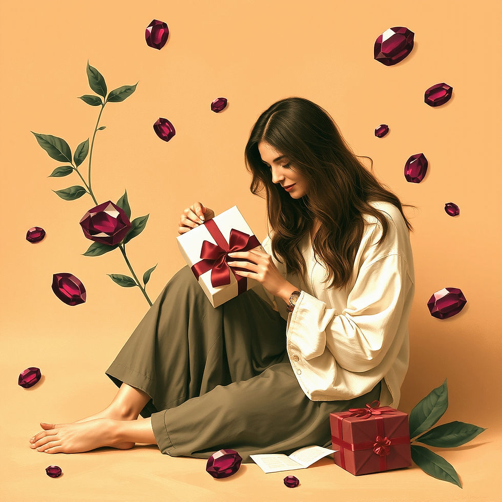 Woman opening a gift box surrounded by floating gemstones and leaves KCM Gifts4You