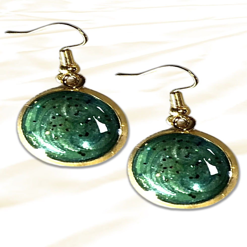 Green earrings with Sparkling Swirl Pearlescent Resin Earrings inside a gold frame on white background.