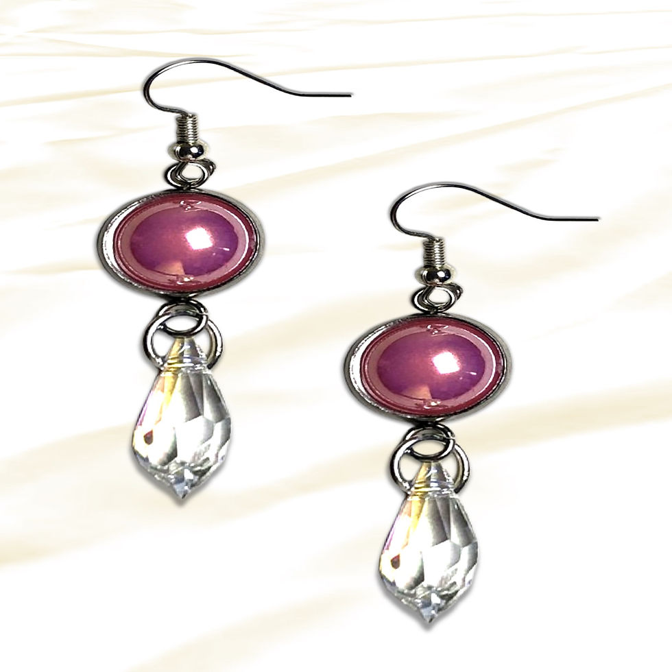 Pair of dangle earrings with pink pearls and crystal teardrop pendants.