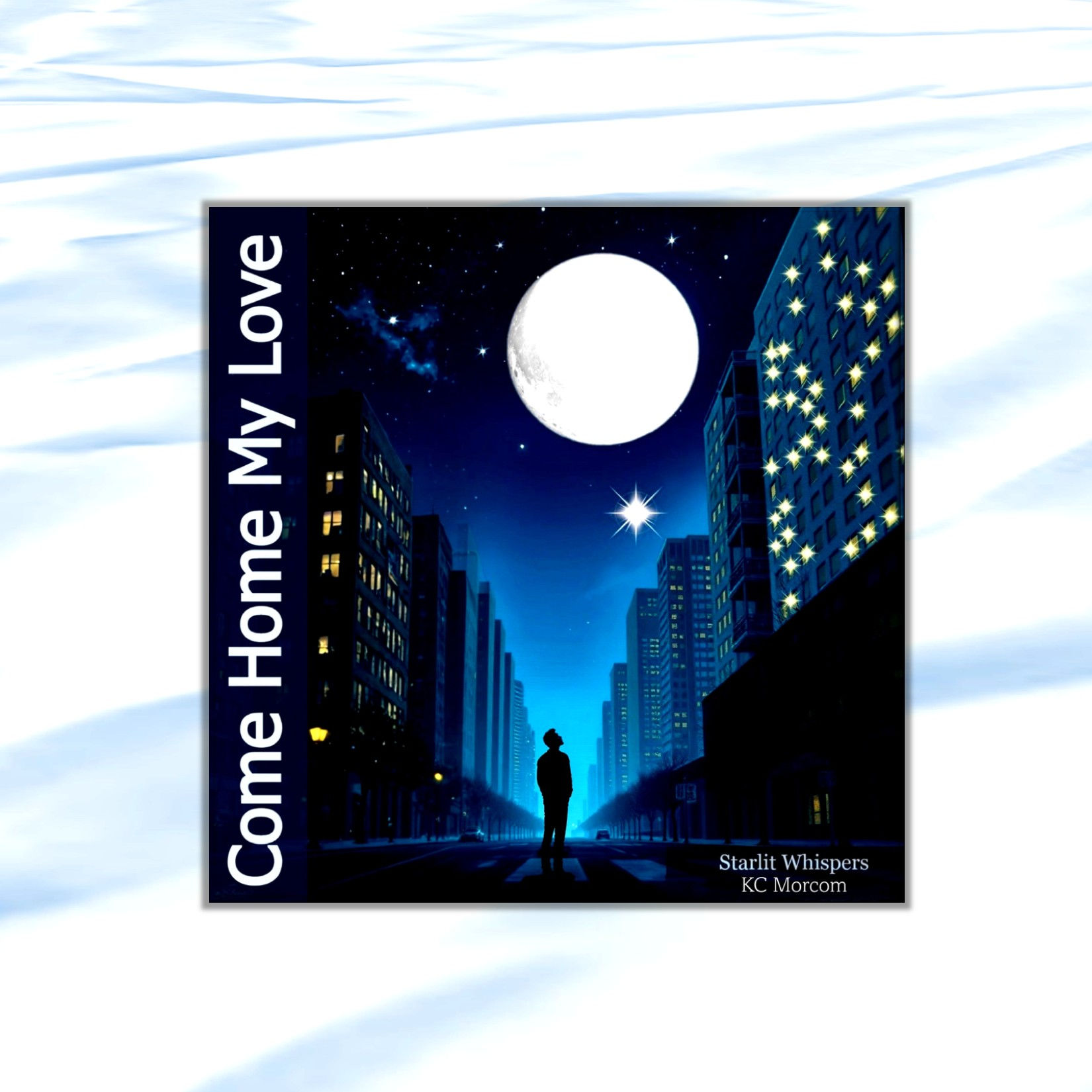 Single track cover with graphics of black silhouette of man standing in city street with large moon above