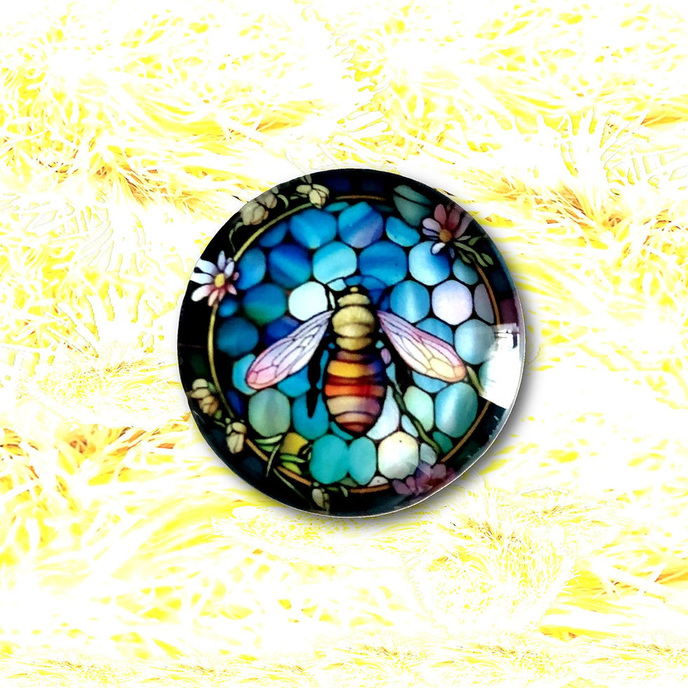 Decorative bee pin with a blue honeycomb background, KCM Gifts4You.