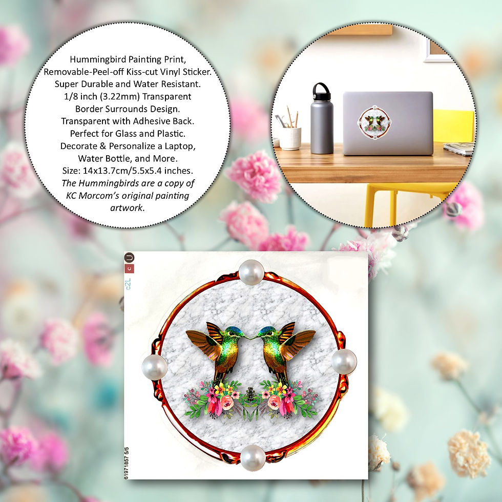 Thumbnail: Hummingbirds artwork with text, flowers, laptop, and water bottle on a desk KCM Gifts4You