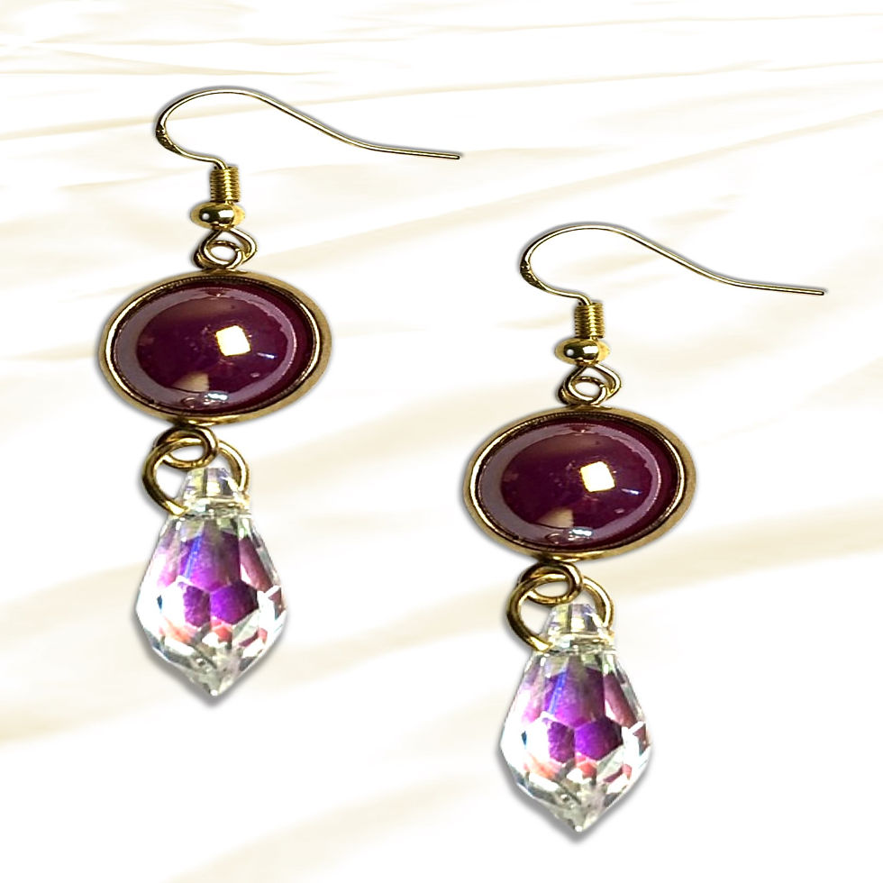 Elegant purple earrings with oval and crystal drop details, KCM Gifts4You.