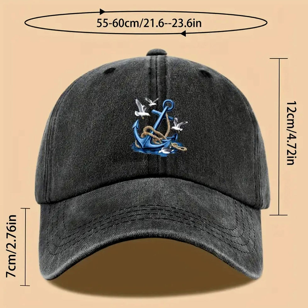 Thumbnail: Black Nautical Anchor and Seagull Unisex Baseball Cap with measurements displayed KCM Gifts4You