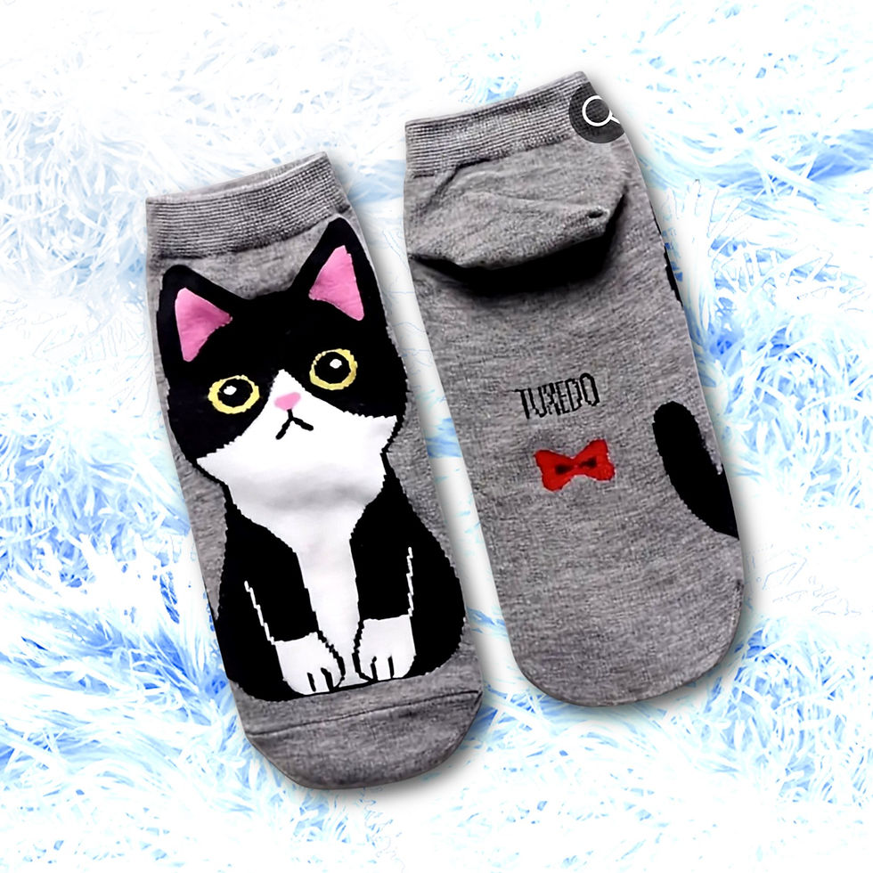 Cute cat design socks showing a black and white cat, grey background, KCM Gifts4You