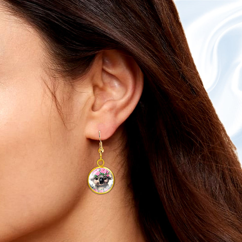 Thumbnail: Woman wearing floral earrings with gold accents, KCM Gifts4You style, close-up shot.