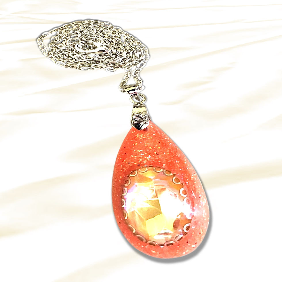 Thumbnail: Orange teardrop pendant necklace Silver or Gold Acrylic Gem & Resin Ring on white background.