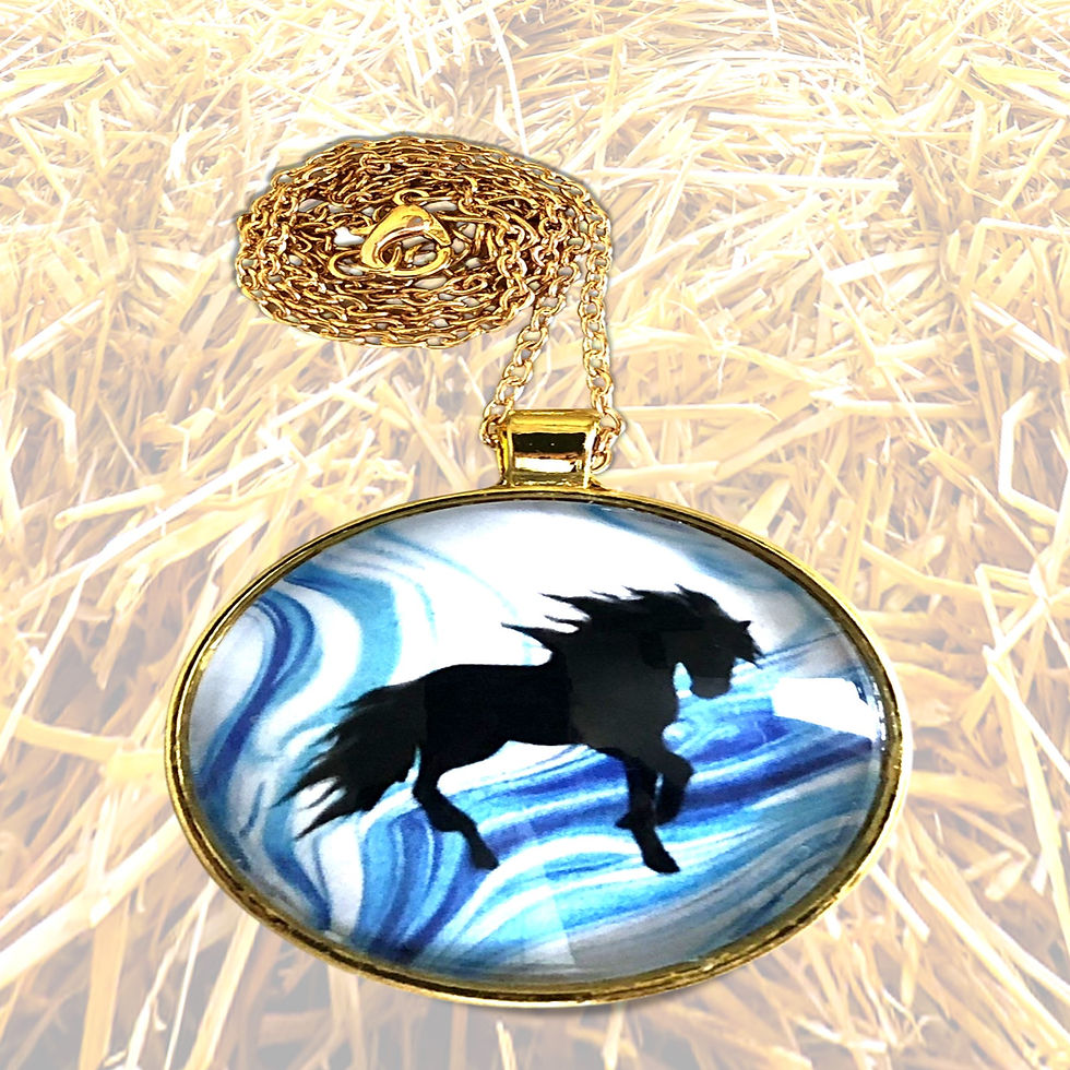 Black horse pendant necklace, gold ring, white background, KCM Gifts4You.