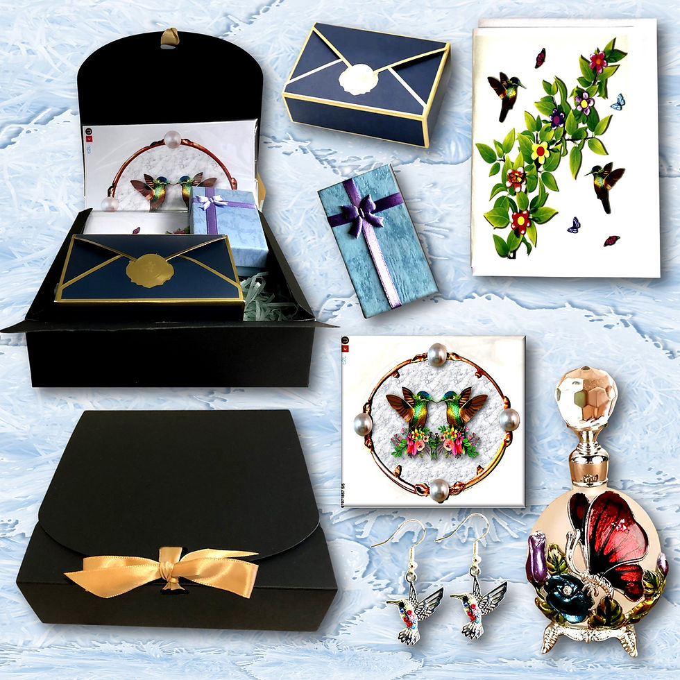 Gift box accessories, cards, envelopes, and a perfume bottle KCM Gifts4You.