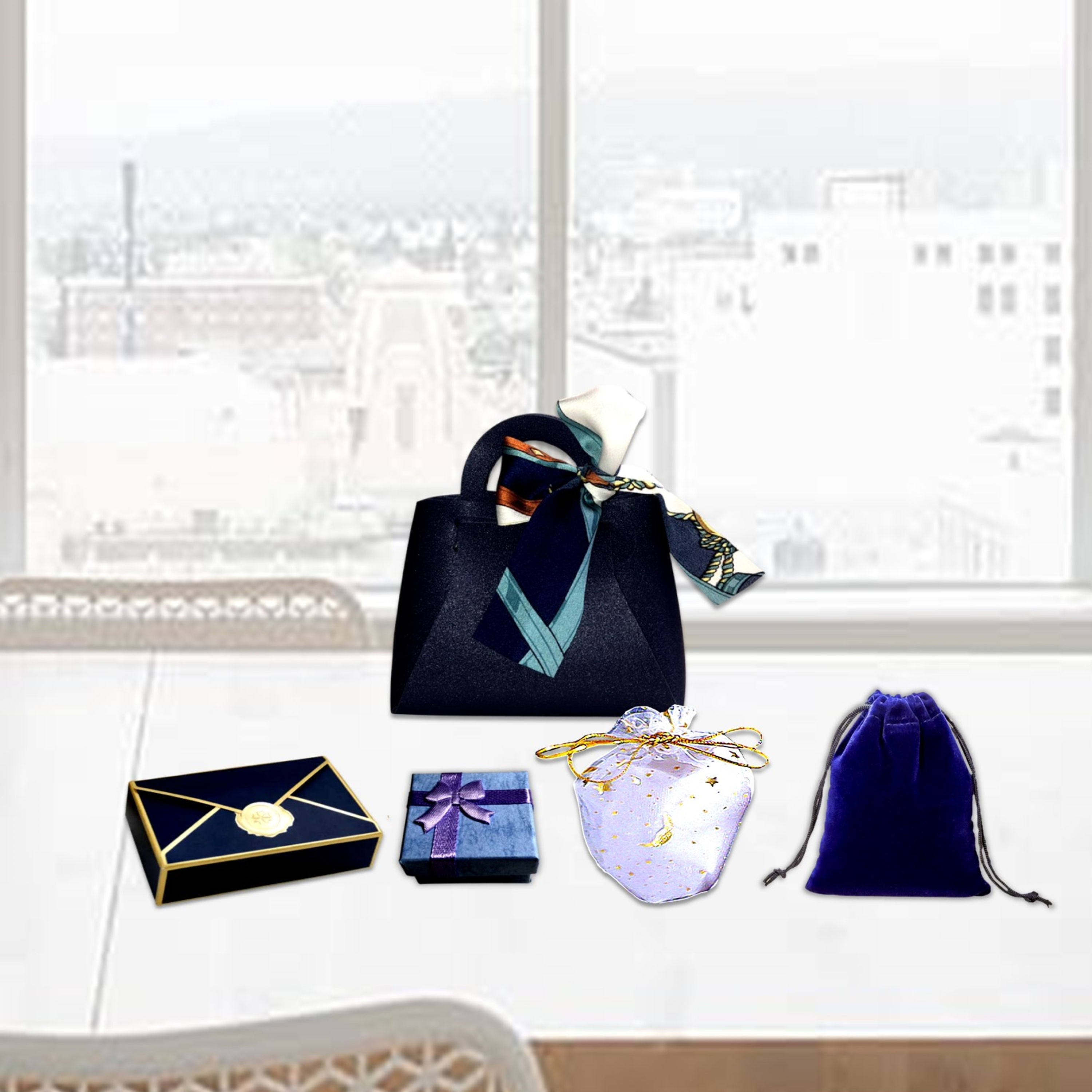 Several items displayed on a table near a window, Navy Blue Faux Leather Gift Bag, KCM Gifts4You.