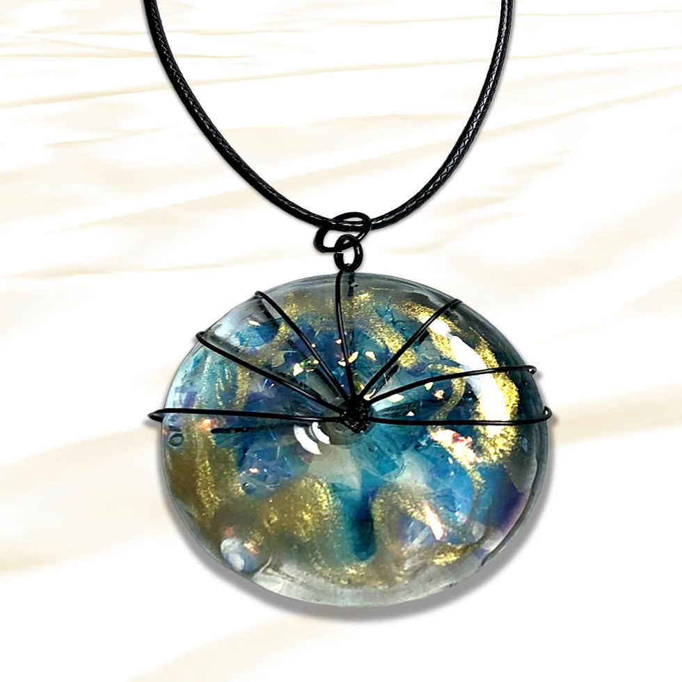 Blue and gold pendant necklace with a round, wire-wrapped glass sphere.
