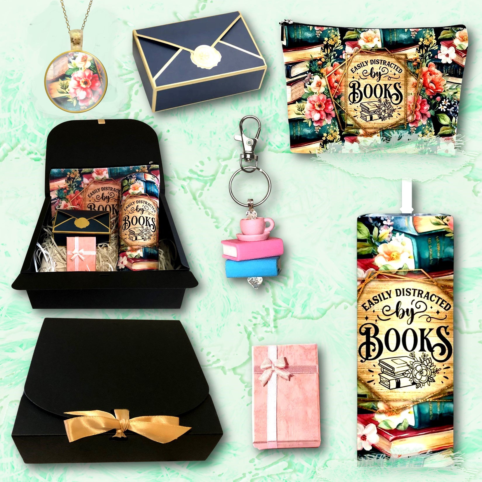 Various gift items arranged on a green surface, including jewelry and small packages.