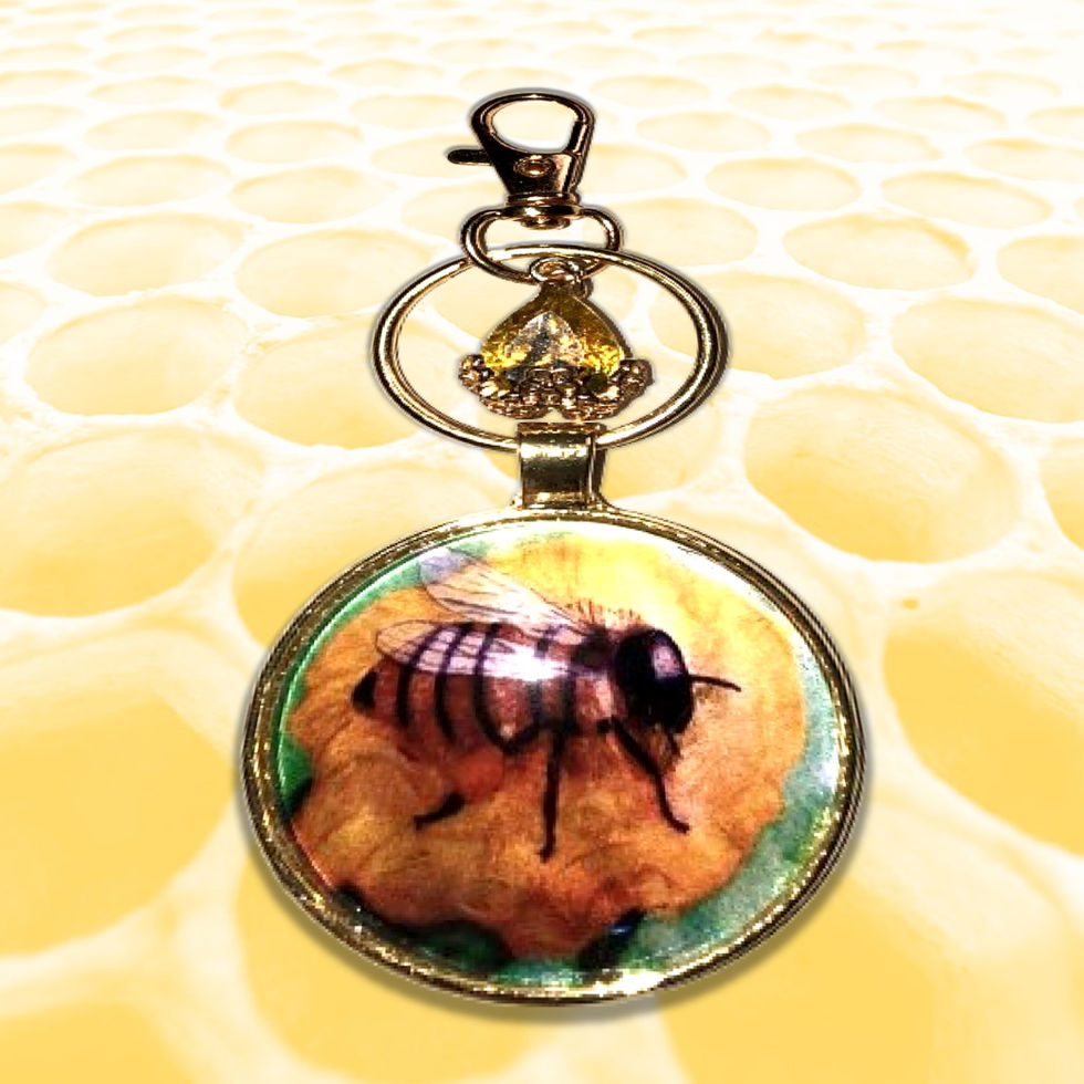 Honeybee pencil drawing print, gold keyring with floral charm