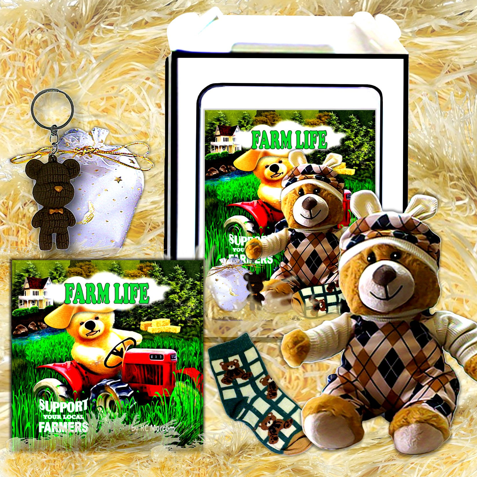 Teddy bear gift package with "Farm Life" text and cat lovers gift bag package.
