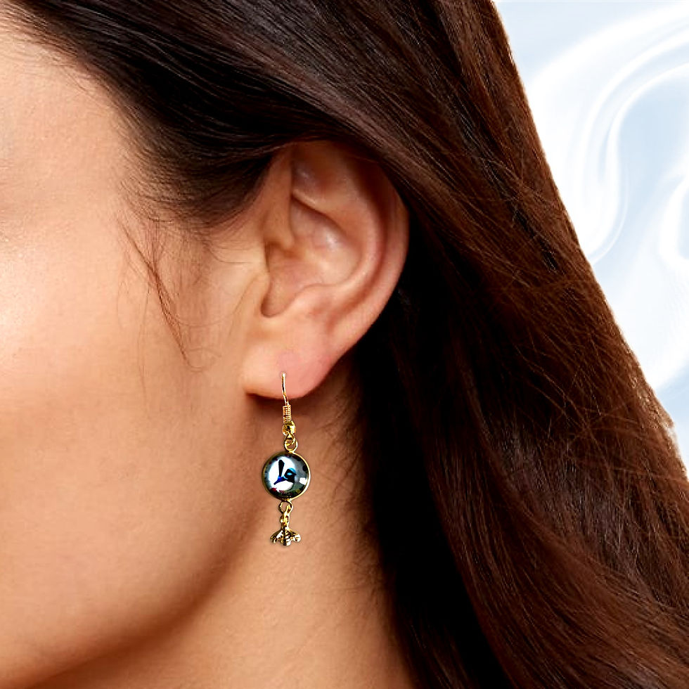 Thumbnail: Woman wearing Swirling Pearlescent Resin Waterdrop Earrings near her ear, a beautiful piece.
