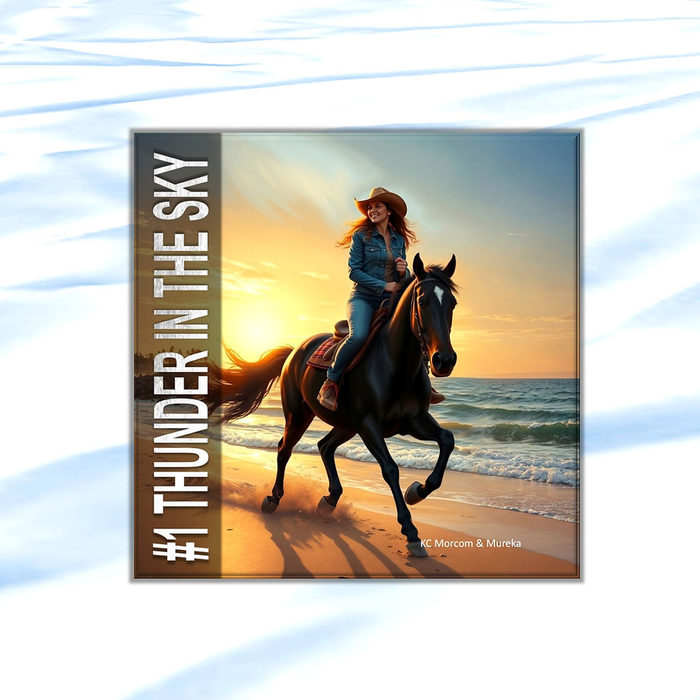 A young woman wearing a cowboy hat rides a horse along the beach shoreline